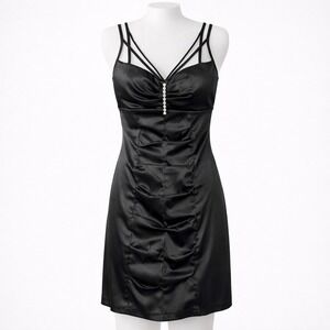 Beata Studio Y2K Mini Dress Sz 10 Black Strappy Luxe Ruched Party Shiny Cocktail